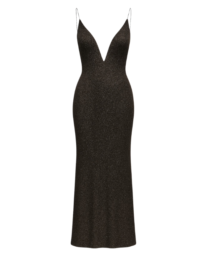 Robe longue noire élégante à décolleté profond – Hathor | Tadoupika