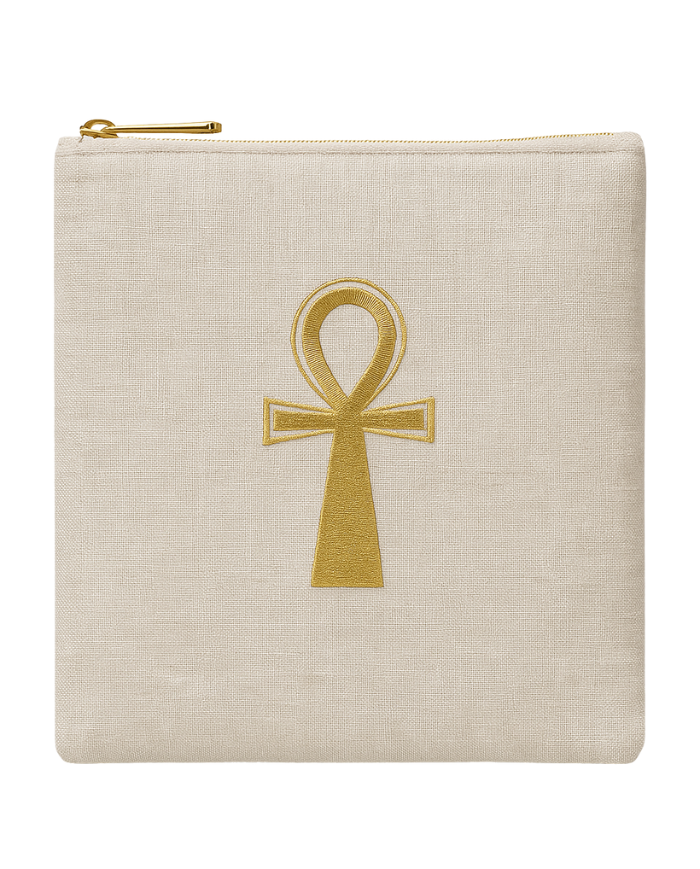 Porte-monnaie O’RÂ en lin épais – broderie dorée Ankh