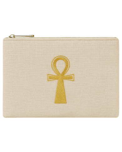 Pochette unisexe en lin brodée Ankh doré – Accessoire artisanal inspiré de l’Égypte antique | Tadoupika