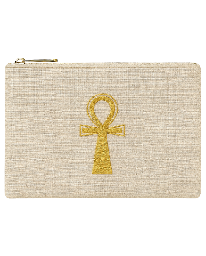 Pochette unisexe en lin brodée Ankh doré – Accessoire artisanal inspiré de l’Égypte antique | Tadoupika