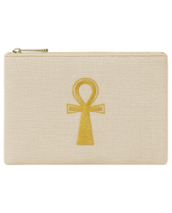 Pochette unisexe en lin brodée Ankh doré – Accessoire artisanal inspiré de l’Égypte antique | Tadoupika