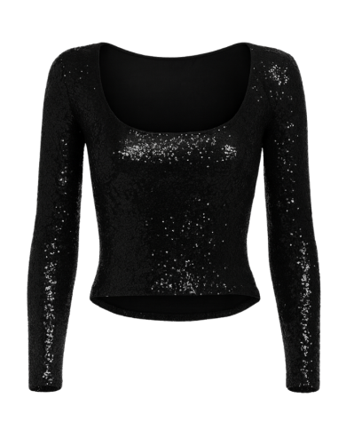 Top Femme en Sequins Noir – Manches Longues & Décolleté Rond