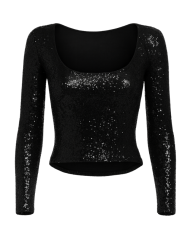 Top Femme en Sequins Noir – Manches Longues & Décolleté Rond