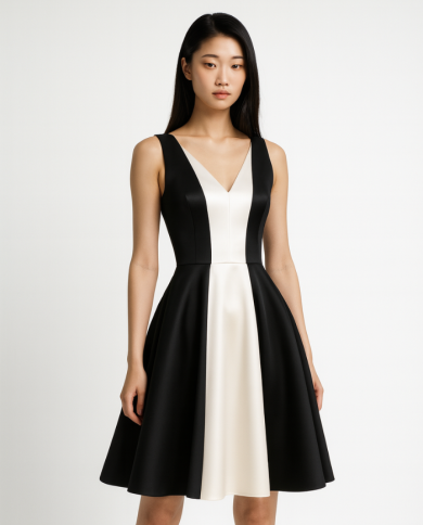 Robe Tadoupika “Hapy” – Robe bicolore noir & ivoire en satin duchesse