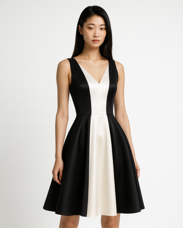 Robe Tadoupika “Hapy” – Robe bicolore noir & ivoire en satin duchesse