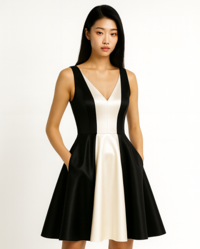 Robe Tadoupika “Hapy” – Robe bicolore noir & ivoire en satin duchesse