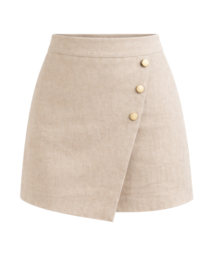 Mini-jupe en lin beige sable à boutons dorés – Collection Nil | Tadoupika