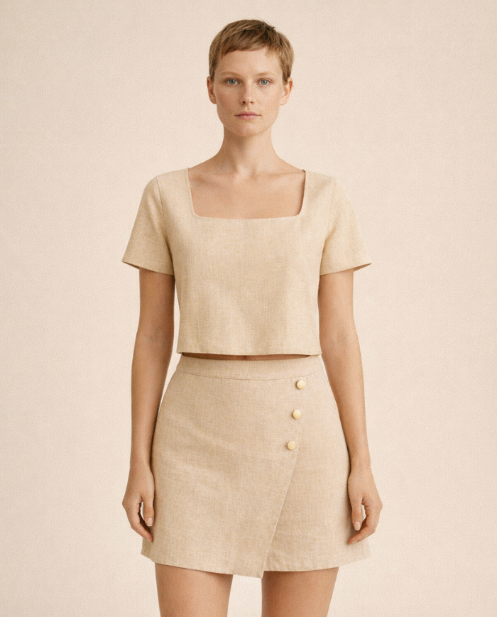 Mini-jupe en lin beige sable à boutons dorés – Collection Nil | Tadoupika