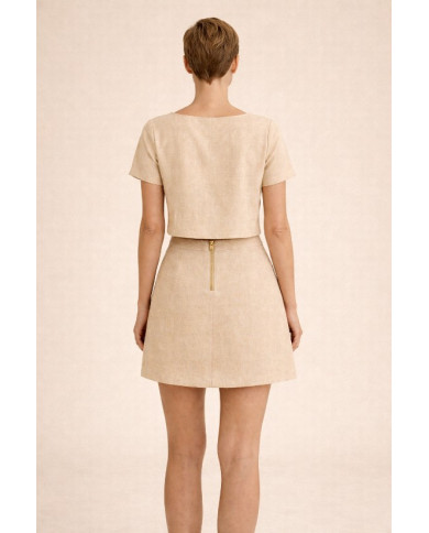 Mini-jupe en lin beige sable à boutons dorés – Collection Nil | Tadoupika