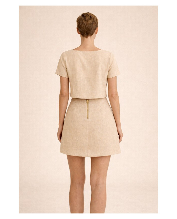 Mini-jupe en lin beige sable à boutons dorés – Collection Nil | Tadoupika
