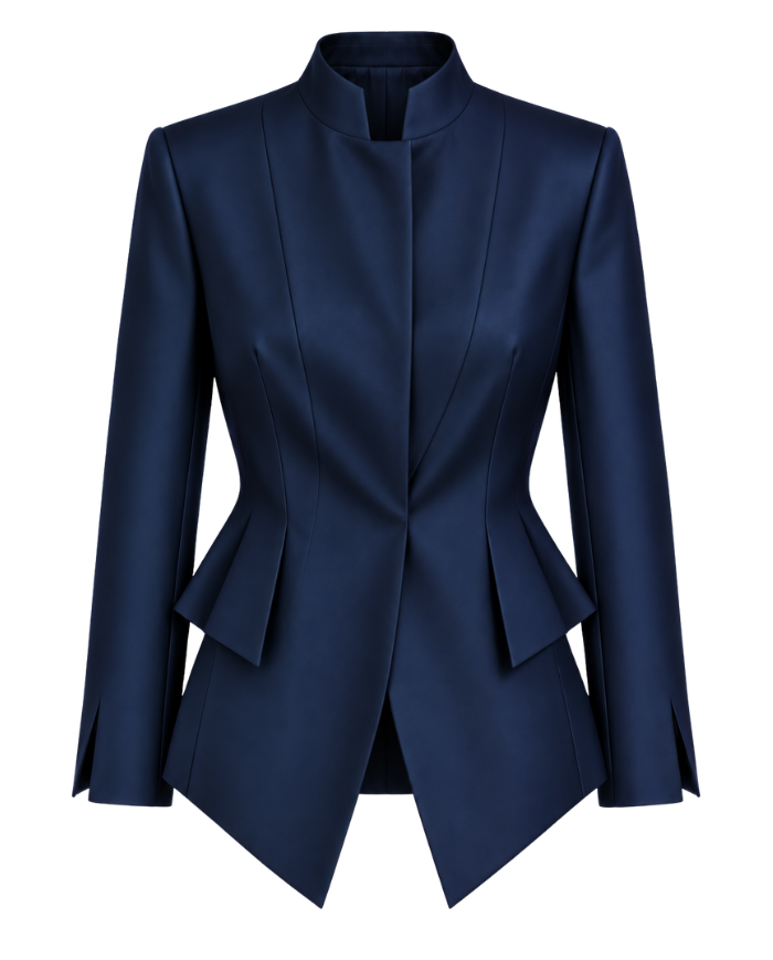 Blazer femme bleu marine en satin duchesse col Mao