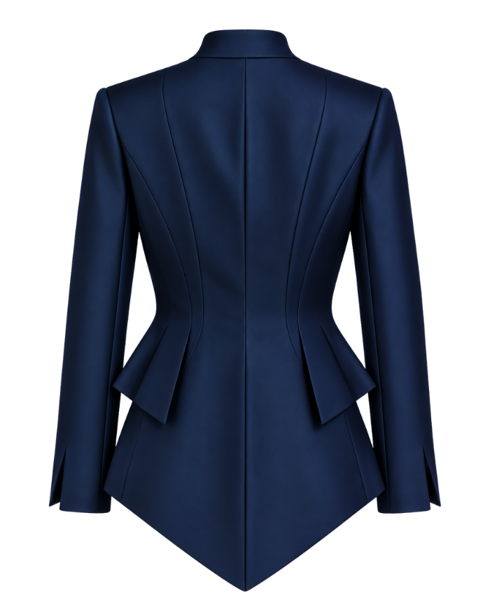 Blazer femme bleu marine en satin duchesse col Mao