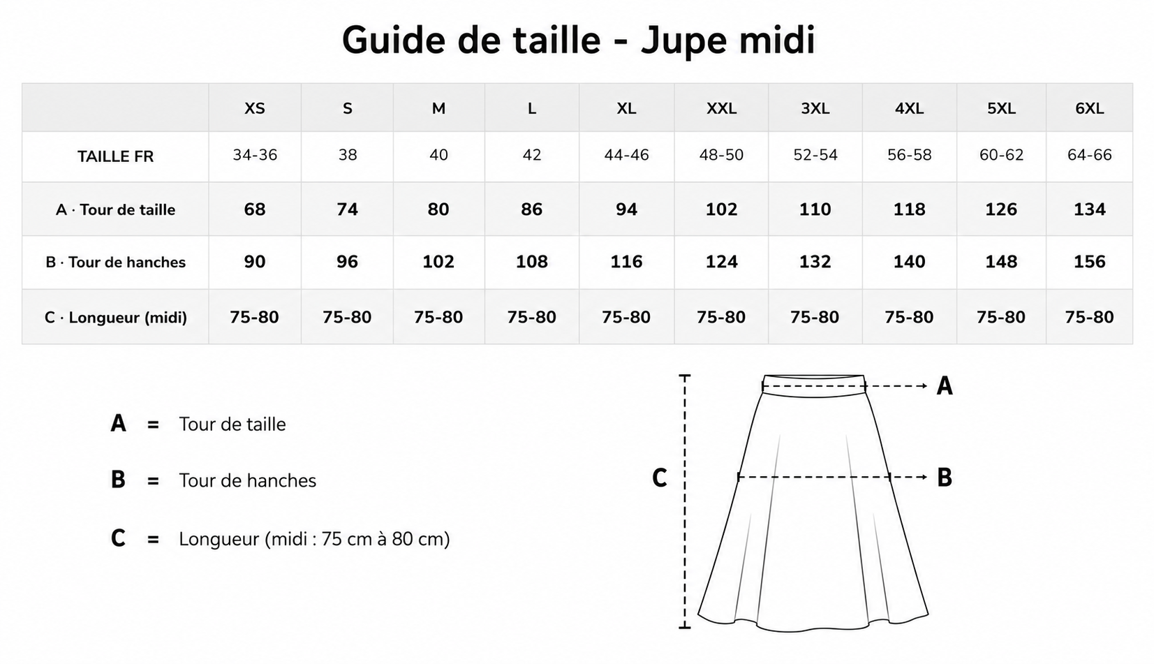 Guide de taille jupe midi